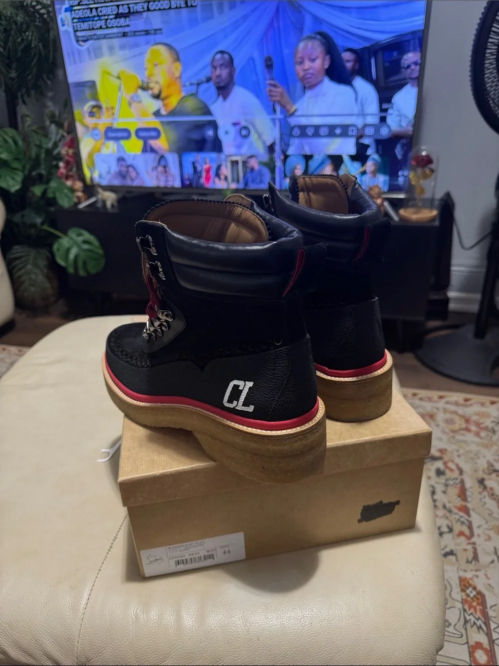 Christian Louboutin Black and Red Lace-Up Ankle Boots